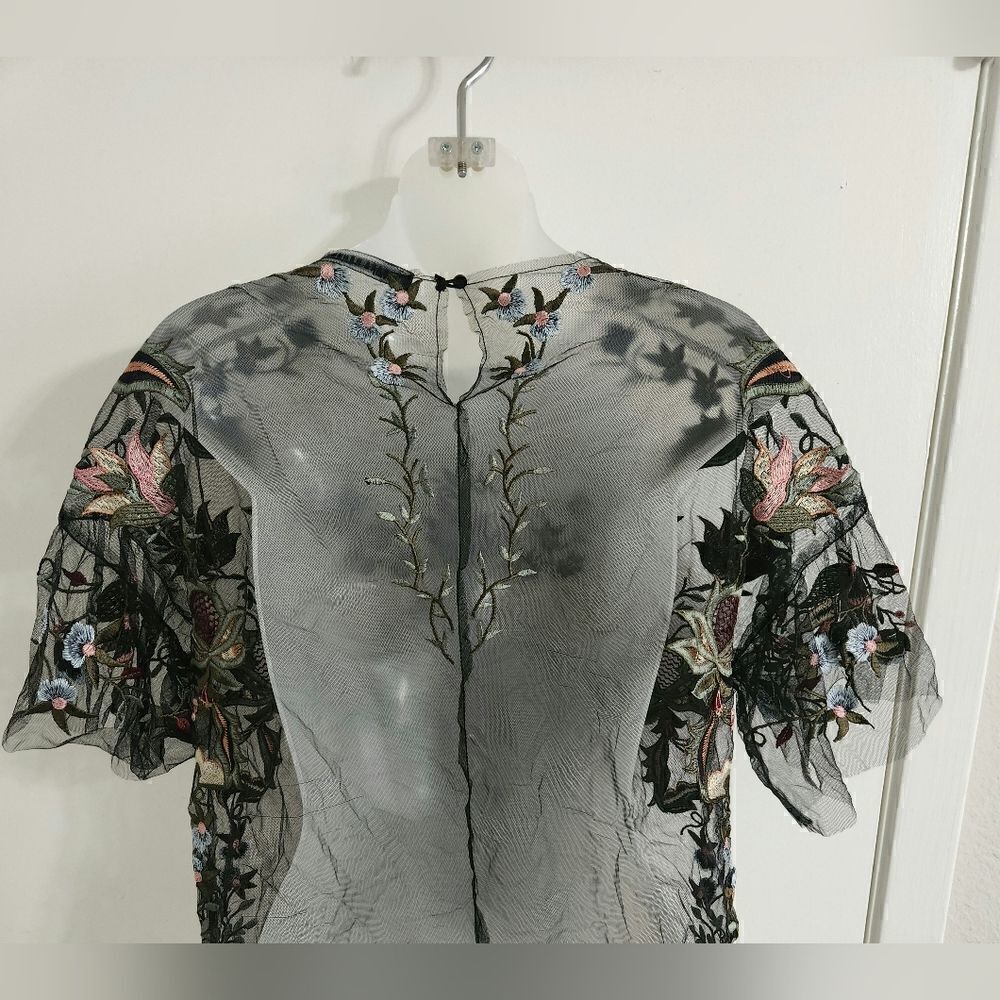 Zara Woman Black Floral Embroidered Tulle Blouse Womens Size Medium - Picture 7 of 12
